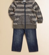 Stylish stripes and handy pockets make this every day knit a stylish must-have.Attached hoodFront zipLong sleevesRib-knit cuffs and bottom bandSplit kangaroo pocket50% polyester/25% supima cotton/25% modalMachine washImported