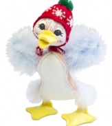 Billed as one merry duck, this song bird figurine wears a snowflake-patterned hat to stay warm all winter long and features the unmistakable style of Annalee.