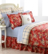 Bright and beautiful, Lauren by Ralph Lauren's Madeline comforter set brings a classic look to the bedroom in cheerful cherry red. A smart dishtowel plaid on the comforter reverse complements the cotton sateen flower print for a refreshing, uplifting appeal. Featuring finished with chambray cording; gathered bedskirt with split corners.