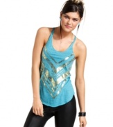 A faded, metallic screen print lends vintage inspiration to this speckled tank from Material Girl! Toss the top on with a pair of leggings for a look that totally nails street-smart style.