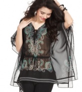 Exercise your fluency in global style with this kaftan from Rampage -- where a swirling, eastern-inspired print meets sheer chiffon of dramatic design!