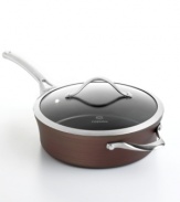 Just right. The perfect kitchen companion, this elegant bronze piece features multiple layers of nonstick technology, a hard-anodized construction and stay-cool handles for an unrivaled combination of professional performance and everyday ease. Your go-to for braising meat, sauteing seafood, simmering marinara and more. Lifetime warranty.