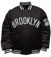 You'll be the best looking fan on the block and in the arena in this jacket featuring the Brooklyn Nets by Majestic.