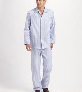 Woven, winter-weight cotton flannel is finished with a herringbone pattern and mitred detail. Machine wash. Imported.SHIRTSpread collarButtonfrontThree front pocketsPANTSSide elastic waist insetsNo flySide pocketsInseam, about 31