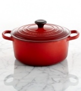 One-pot perfection! The best addition for small families, this enameled cast iron oven packs your kitchen with even greater precision and performance than ever before. Perfect for side dishes or potluck additions, this Signature piece masters slow cooking, evenly distributing and retaining heat and moving effortlessly from oven to table. Lifetime warranty.
