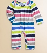 Bright stripes on soft knit are oh so easy for your little charmer.Round neckline with envelope shouldersLong slightly puffed sleeves with banded cuffsSnap legs50% cotton/50% modalMachine washImported Please note: Number of snaps may vary depending on size ordered. 