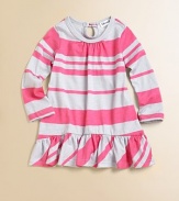 Spirited stripes on soft knit, simply styled with a straight shape and a feminine wide ruffle at the hem.Scoop neckline with center gathersLong sleevesStraight shapeKeyhole button back closeRuffled hem50% cotton/50% micro modalMachine washImported