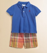 This preppy set combines a cotton polo knit with a traditional madras short and matching belt for a perfectly cute ensemble.Shirt collarShort sleevesFront buttonEven vented hemButton closureWaistband with belt loopsZip flyAngled hand pocketsButtoned back welt pocketCottonMachine washImported Please note: Number of buttons may vary depending on size ordered. 