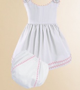 An adorable look for a picnic or a portrait in lightweight cotton piqué with pretty rick rack trim and a matching diaper cover. Covered button shoulder closures High waist Cotton; machine wash Made in USA Please note: Diaper cover cannot be personalized.FOR PERSONALIZATION Select a quantity, then scroll down and click on PERSONALIZE & ADD TO BAG to choose and preview your personalization options. Please allow 2 to 3 weeks for delivery.