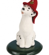 Include Spot and Fido in your celebration with Dalmatian figurines from Byers' Choice. Featuring the iconic black-and-white pup in a fireman's hat.