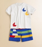 Say ahoy to this ultra-plush, pure cotton knit with sailboat appliqué.Ribbed crewneckShort sleeves with ribbed armbandsPullover styleCottonMachine washImported