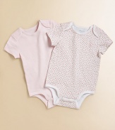 A pack of two adorable bodysuits rendered in ultra-soft printed cotton jersey.Envelope necklineShort sleevesBottom snapsPrinted tag to prevent skin irritationCottonMachine washImported Please note: Number of snaps may vary depending on size ordered. 