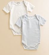 Comfy baby basics in soft cotton knit, offering one striped and one solid design.Envelope shoulders for easy on and off Short sleeves Snap bottom Cotton; machine wash Imported