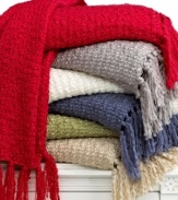 Perfect for lounging on your favorite couch or chair, this Textured Yarn throw from Martha Stewart Collection wraps you in superior warmth and adds a touch of casual style to your space. Red and ivory color options feature metallic accents.