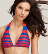 In a punchy palette, this boldly striped DKNY bikini top looks trend-right with a rope-handled beach tote and low-key espadrilles.