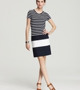 Skinny stripes meet bold color blocking for a modern take on seaside-chic. Anchor the nautical trend with espadrilles.