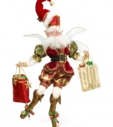 Dancing to the beat of his own drum, this Christmas Shopping fairy has outdone himself with bags of sparkling gifts for all. Use his flexible arms and legs to strike a pose on a side table or mantel. From Mark Roberts.