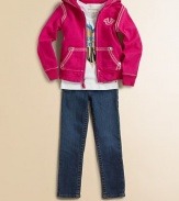 A skinny leg silhouette in the perfect dark wash with slight fading along the thighs.Belt loops Zip fly with snap closure Scoop front pockets Coin pocket Contrast horseshoe embroidery on back pockets Ankle length 98% cotton/2% spandex Machine wash Imported Additional InformationKid's Apparel Size Guide 