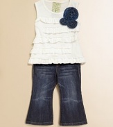 A classic bootcut silhouette with iconic A-style back pockets is pure fashionista. Adjustable waist Front zip and button fly Belt loops Five pocket design Falls below the knee 98% cotton/2% spandex Machine wash Imported of Italian fabric