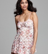 Make a bedroom statement in this sleeveless chemise with a floral lace bodice and three tiers ruffle trim.