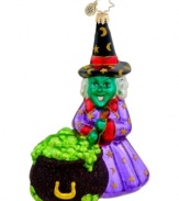 Totally spellbinding, Christopher Radko's handcrafted Hocus Pocus ornament is a treat for Halloween homes. A wicked witch stirs a mysterious brew that boils over a giant black cauldron.