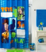 To bath time and beyond! This peek-a-boo shower curtain stars Buzz, Woody and silhouettes of your favorite Disney Toy Story characters. Featuring easy-care polyester microfiber with two clear vinyl cut-outs.