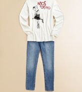 Softly faded, straight leg jeans from Italy are embellished on one back pocket with a large sparkly peace symbol.Button waist with belt loops Zip fly Front scoop pockets with rivets Back patch pockets, one with embellishment Logo patch at back waist Straight leg 98% cotton/2% elastane; machine wash Made in Italy