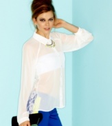 The starchy button-down gets a youthful upgrade with sheer fabric, a lace back and cool, high-low hem! From 6 Degrees.