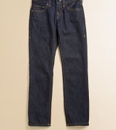 A dark, even wash in an ultra cool skinny cut with an embroidered American flag patch at the back waist.Waistband with button close and belt loopsZip flyFront scoop pockets and coin pocket with rivetsEmbroidered flag back waist patchBack patch pockets with barely-there horseshoe stitchingSkinny leg100% cottonMachine washImported