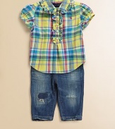 Crafted from lightly faded denim with distressed points and timeworn patchwork for an adorably rugged look.Front snap closureZip flyElastic waistband with belt loopsFive-pocket style99% cotton/1% elastaneMachine washImported