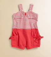 Nautical-inspired stripes adorn the bodice of this vivid, ultra-stylish one-piece in a plush cotton-blend with side ties and bottom snaps for easy on and off.Sweetheart necklineWide strapsWide strapsElastic waistSide patch pocketsBottom snaps94% cotton/6% spandexMachine washImported