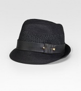 A light, cool and comfortable fedora, sculpted with a vintage flair in paper toyo with a leather band and gold arrow detail. Not intended for rainy weather Brim, about 2 wide Paper/cotton Spot clean Made in USA 