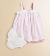 The sweetest, warm-weather ready, layered-look frock for baby with embroidered logo and eyelet detail in a classic babydoll silhouette with matching bloomers.SquareneckAdjustable back-button strapsBack elasticEmpire waistCottonMachine washImported