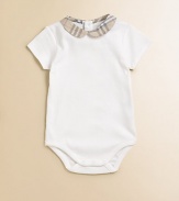 A Peter Pan collar of woven checks sweetly trims a simple bodysuit of soft cotton knit.Woven Peter Pan collarShort sleevesBack button closeSnap bottomCottonMachine washImported Please note: Number of buttons may vary depending on size ordered. 