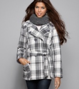 This classic Jou Jou trench steps up the prep in plaid! An infinity scarf completes the polished, cold-weather look!