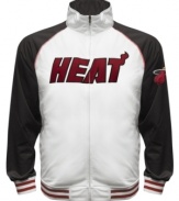 The Most Valuable Fan wears this baseball style running jacket featuring the Miami Heat by Majestic.