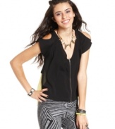 Serve-up cool style day or night in this top from Material Girl! Features a tough, zip-up front and awesome colorblock back design.