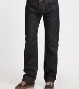 Dark indigo rinsed denim, in a straight-leg fit that transitions easily from weekday to weekend wear.Five pocket styleButton flyInseam, about 34CottonMachine washImported