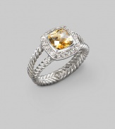 From the Albion Collection. A petite version of an elegant design, offering a faceted citrine, framed in diamonds, on a split cable band of sterling silver. Diamonds, 0.20 tcw Citrine Sterling silver About ¼ square Imported