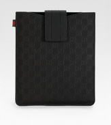 Neoprene GG with signature web detail and rubberized leather trim. Green/red/green signature web Velcro strap Suede lining 9½W X 10¾H Made in Italy 