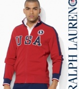 Accented with bold country embroidery to celebrate Team USA's participation in the 2012 Olympics, a full-zip mockneck jacket in breathable cotton piqué exudes casual comfort and style in an updated trim fit.