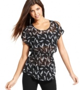 Comprised of lovely details -- from the feather-print to the banded waist -- this sheer top from Pink Rose totally highlights your feminine style.