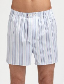 Utterly soft cotton with fine, multicolored stripes and an adjustable waist for added comfort.Two-button elastic waistbandInseam, about 3½CottonMachine washImported
