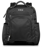 Tumi has your back-packed with style & sophistication, this sporty upgrade combines dependable durability with professional, feminine detailing. Classic embossed leather trim defines the exterior, while a collapsible laptop pocket, removable accessory pouch, organizer pockets & more create an always prepared interior. 5-year warranty.