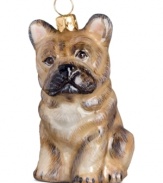 Just begging for a home, this French bulldog ornament has puppy dog eyes and a beautiful coat in hand-painted glass by Joy to the World.