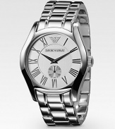 Sleek classic style crafted with quartz precision in stainless steel with a matching bracelet. Water resistant to 5 ATM Minute dial at 6 o'clock Quartz movement Case: 42.5mm Imported