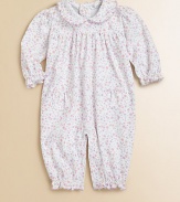 Crafted in ultra-soft, plush pima cotton with charming ruffle trim and a fall flourish print, this precious one-piece is a must-have for baby.Ruffled crewneckLong sleeves with ruffled cuffsGathered yokeBack snapsPatch pocketsBottom snapsPima cottonMachine washImported Please note: Number of snaps may vary depending on size ordered. 