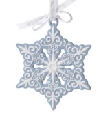 A symbol of the season! White bas-relief detail contrasts robin's-egg blue jasper in a snowflake ornament that stands out amid the rest of winter's beauty. From Wedgwood.