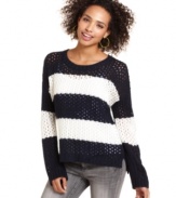 Sporting thick stripes and an open-knit design, this high-low sweater from It's Our Time is a bold style for casual days!