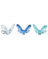 Faceted crystal butterflies in three shades of blue work as a trio or individually to freshen up a room. Perch on a potted plant, armoire or bookshelf.